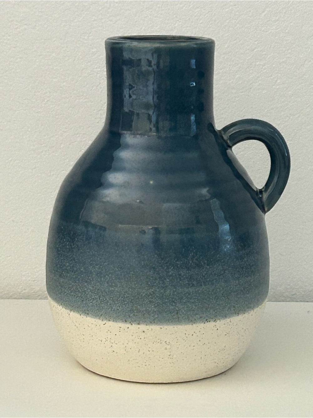 Two-Tone Blue Cream Ceramic Jug Vase with Handle Farmhouse Cottagecore 10”